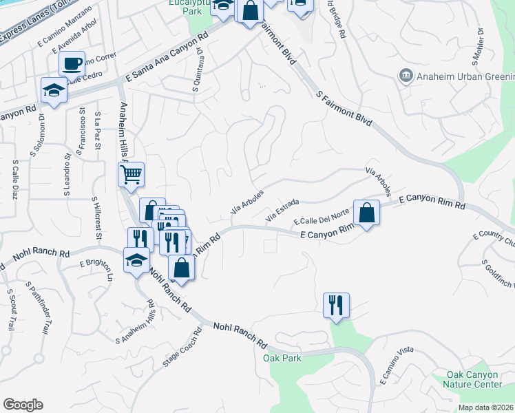 map of restaurants, bars, coffee shops, grocery stores, and more near 442 South Paseo Real in Anaheim