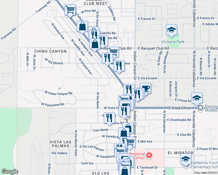 map of restaurants, bars, coffee shops, grocery stores, and more near 325 West Mariscal Road in Palm Springs