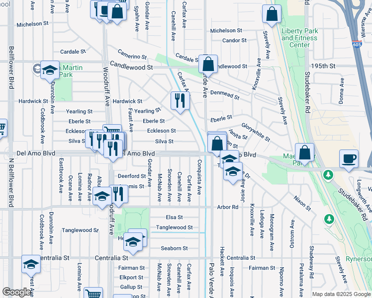 map of restaurants, bars, coffee shops, grocery stores, and more near 6251 Del Amo Boulevard in Lakewood