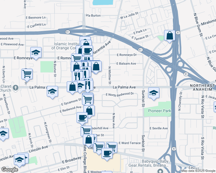map of restaurants, bars, coffee shops, grocery stores, and more near 2227 East La Palma Avenue in Anaheim