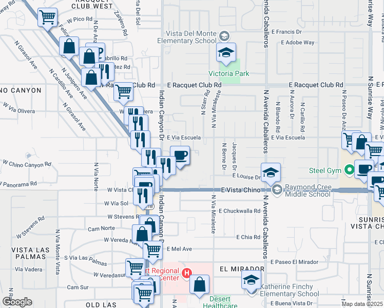 map of restaurants, bars, coffee shops, grocery stores, and more near 385 East Via Escuela in Palm Springs