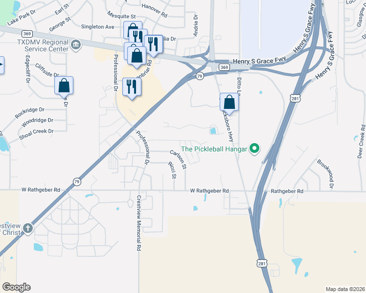 map of restaurants, bars, coffee shops, grocery stores, and more near 5426 Flo Drive in Wichita Falls