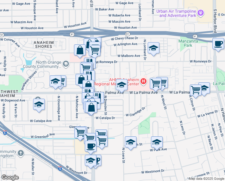 map of restaurants, bars, coffee shops, grocery stores, and more near 1507 West La Palma Avenue in Anaheim
