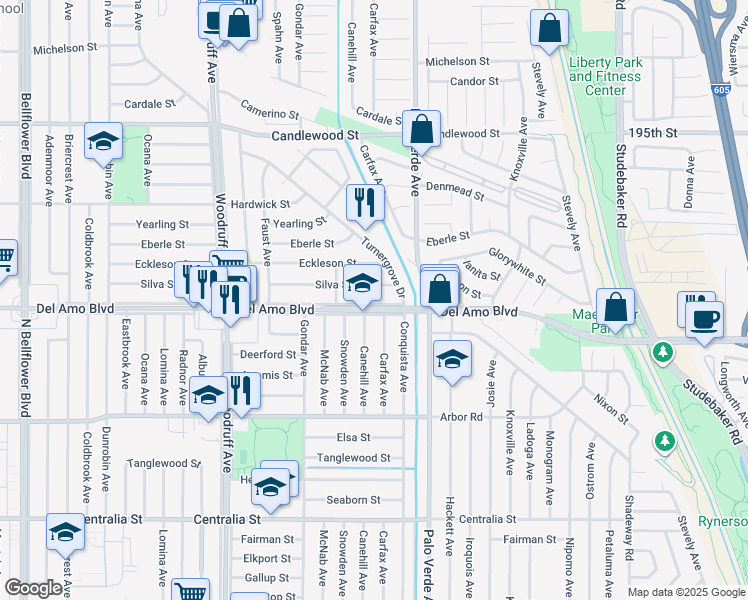 map of restaurants, bars, coffee shops, grocery stores, and more near 6247 Del Amo Boulevard in Lakewood