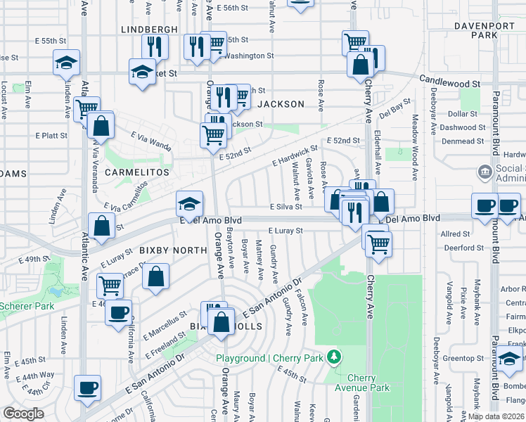 map of restaurants, bars, coffee shops, grocery stores, and more near 1414 East Silva Street in Long Beach