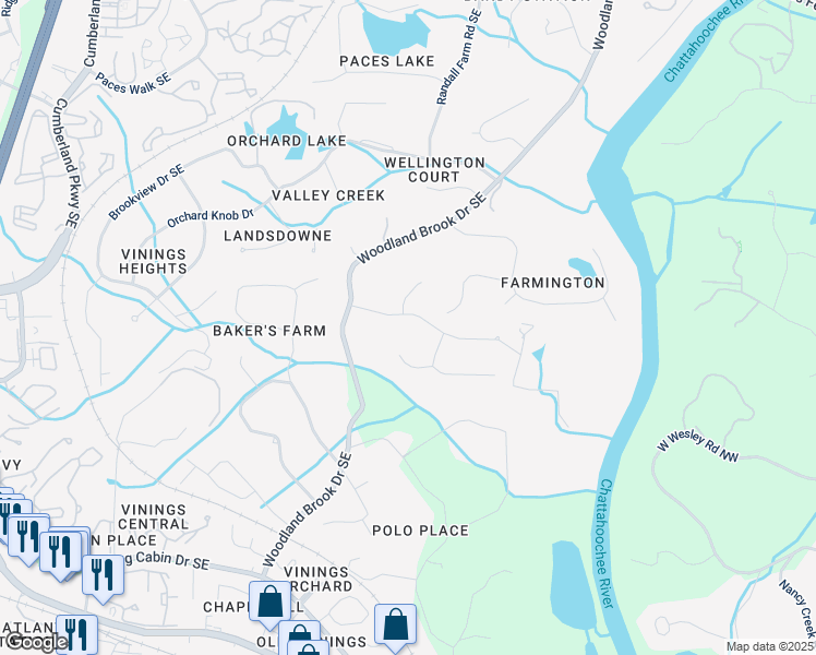 map of restaurants, bars, coffee shops, grocery stores, and more near 2880 Bakers Farm Road Southeast in Atlanta