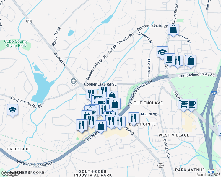 map of restaurants, bars, coffee shops, grocery stores, and more near 1605 Pavillion Ridge Drive Southeast in Smyrna