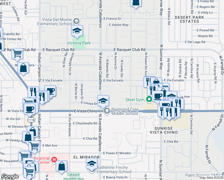 map of restaurants, bars, coffee shops, grocery stores, and more near 1126 El Cid in Palm Springs