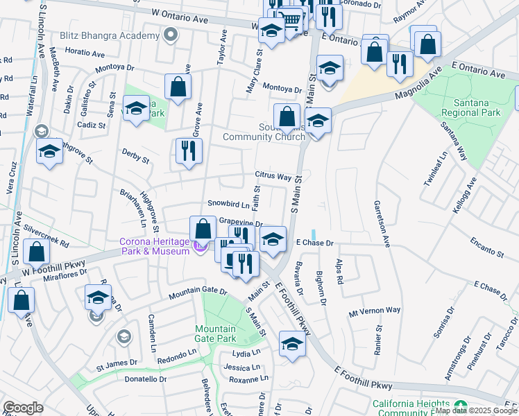 map of restaurants, bars, coffee shops, grocery stores, and more near 2813 Faith Street in Corona