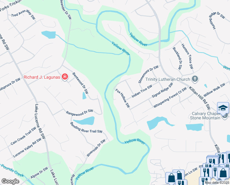 map of restaurants, bars, coffee shops, grocery stores, and more near 1697 Fox Hollow Southwest in Lilburn