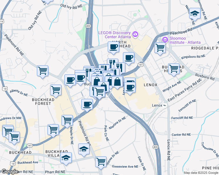 map of restaurants, bars, coffee shops, grocery stores, and more near 871 Peachtree Road Northeast in Atlanta