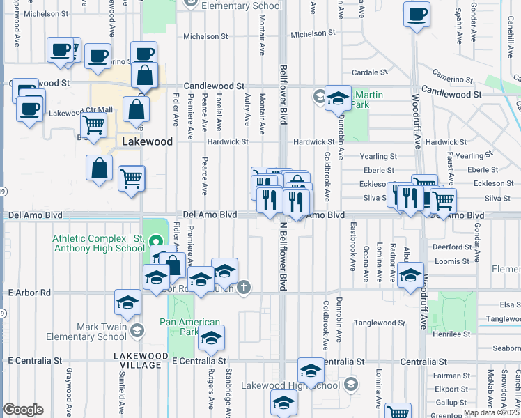 map of restaurants, bars, coffee shops, grocery stores, and more near 5445 Del Amo Boulevard in Lakewood
