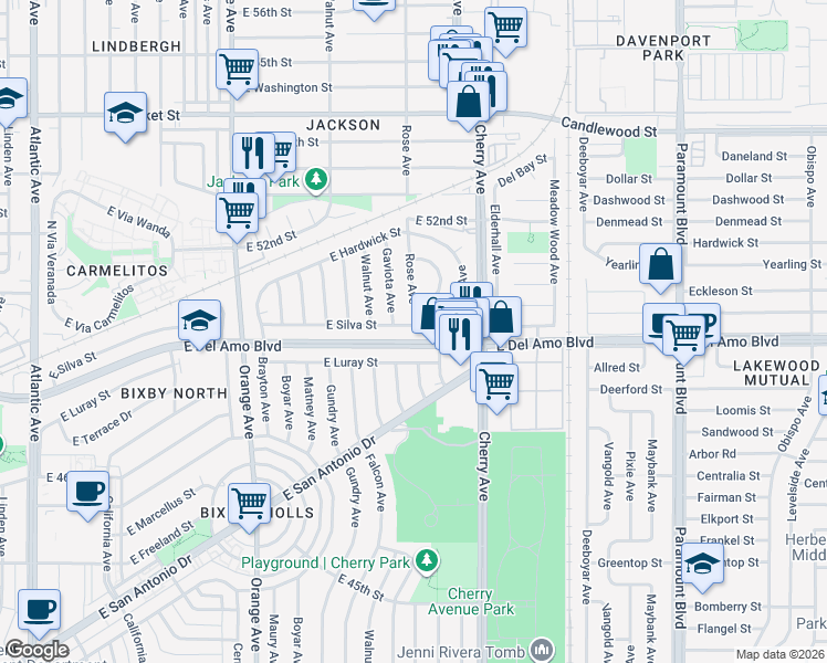 map of restaurants, bars, coffee shops, grocery stores, and more near 1824 East Silva Street in Long Beach
