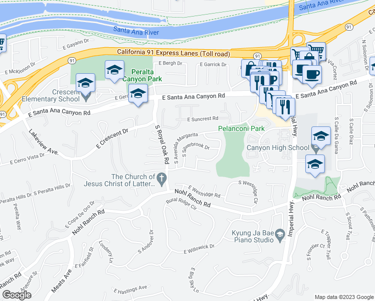 map of restaurants, bars, coffee shops, grocery stores, and more near 378 South Silverbrook Drive in Anaheim