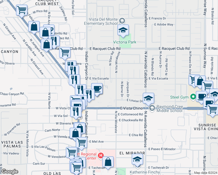 map of restaurants, bars, coffee shops, grocery stores, and more near 1995 North Vía Miraleste in Palm Springs