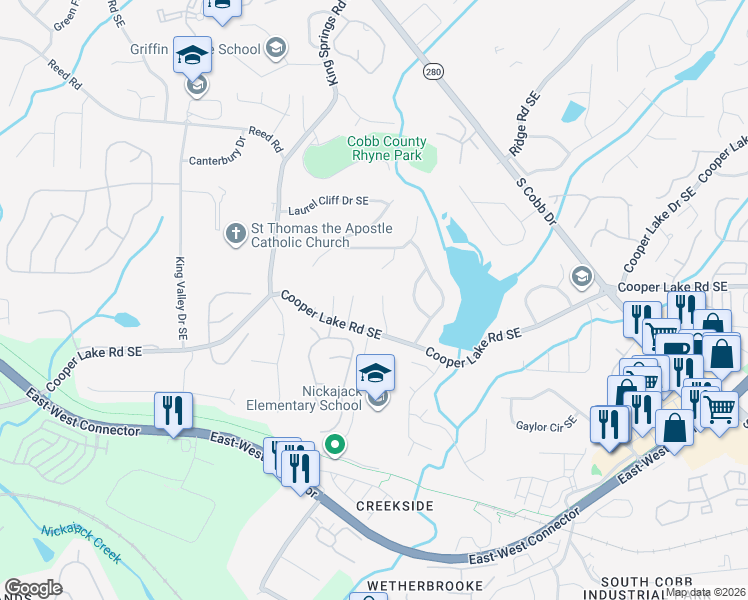 map of restaurants, bars, coffee shops, grocery stores, and more near 4358 Bowen Ridge Court Southeast in Smyrna