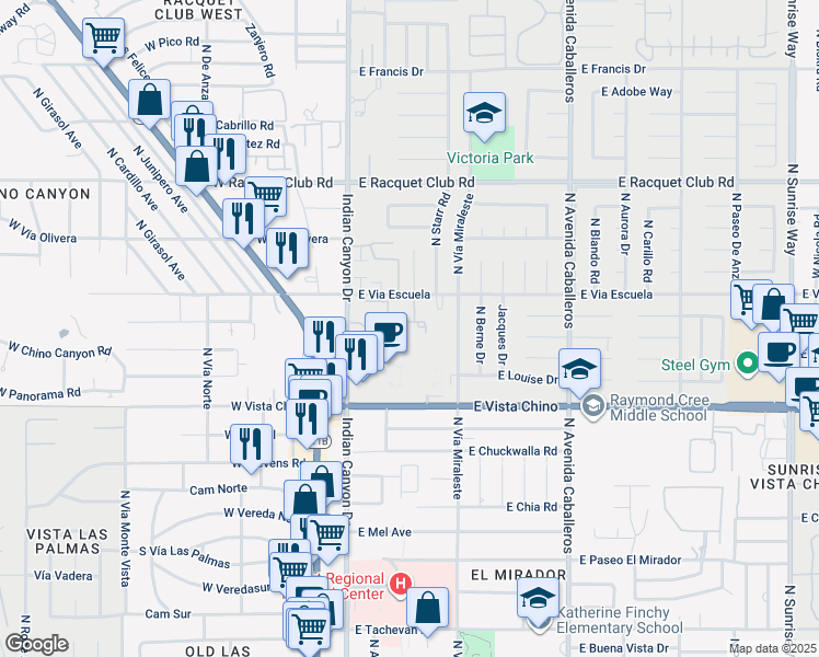 map of restaurants, bars, coffee shops, grocery stores, and more near 385 East Via Escuela in Palm Springs