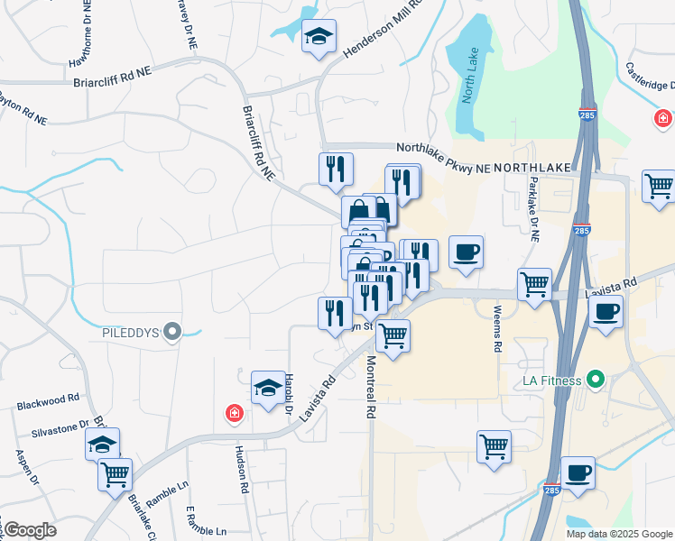 map of restaurants, bars, coffee shops, grocery stores, and more near 2151 Zelda Drive Northeast in Atlanta