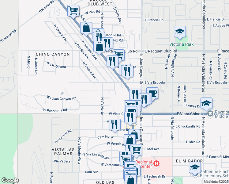 map of restaurants, bars, coffee shops, grocery stores, and more near 369 West Mariscal Road in Palm Springs