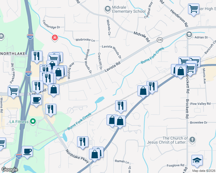 map of restaurants, bars, coffee shops, grocery stores, and more near 3740 Sturbridge Court in Tucker