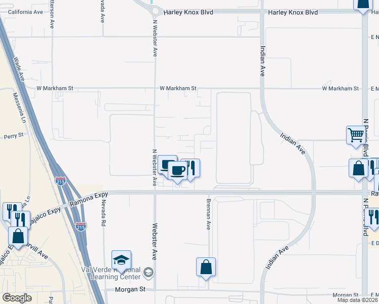 map of restaurants, bars, coffee shops, grocery stores, and more near 4160 Brennan Avenue in Perris