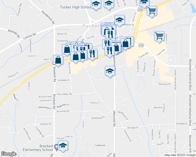 map of restaurants, bars, coffee shops, grocery stores, and more near 2143 Brownings Trce in Tucker