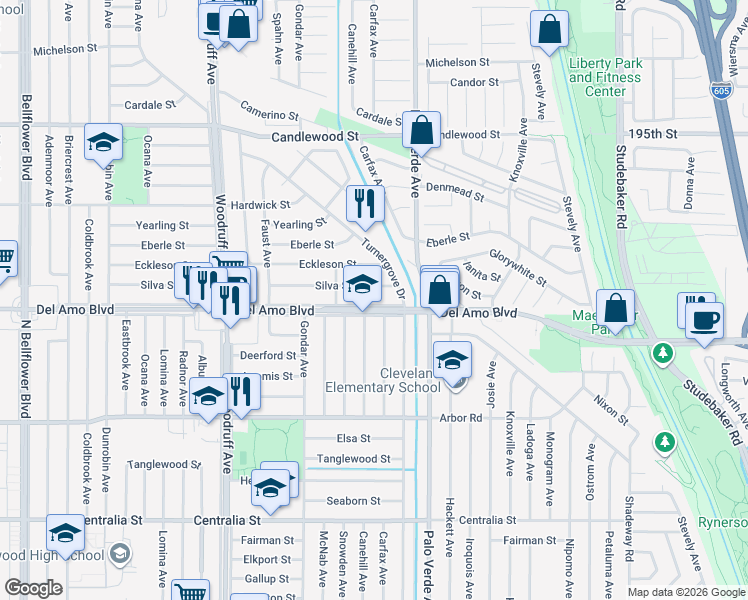 map of restaurants, bars, coffee shops, grocery stores, and more near 6247 Del Amo Boulevard in Lakewood