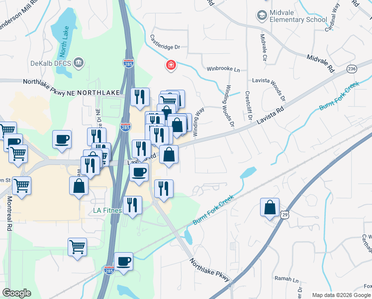 map of restaurants, bars, coffee shops, grocery stores, and more near 4327 Lavista Road in Tucker