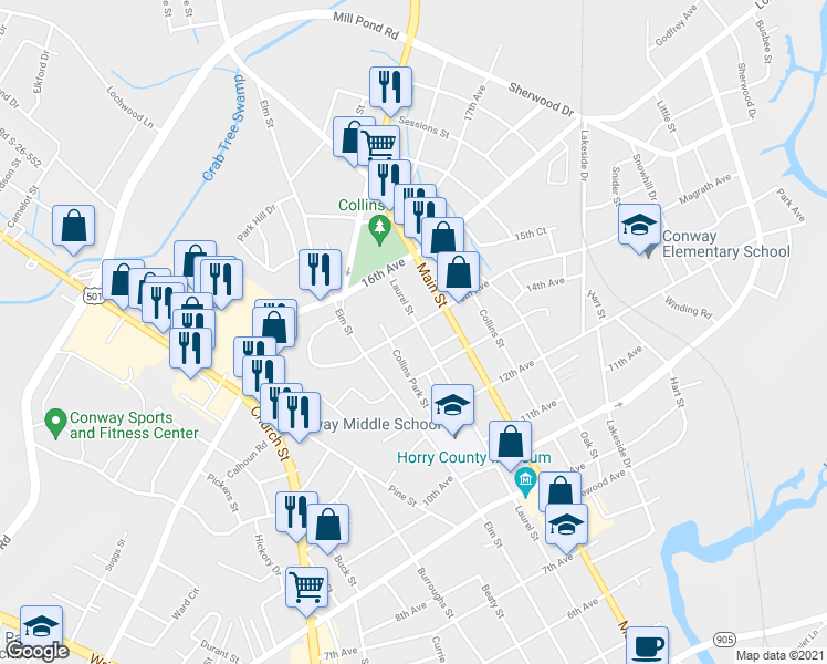 map of restaurants, bars, coffee shops, grocery stores, and more near 1409 Laurel Street in Conway