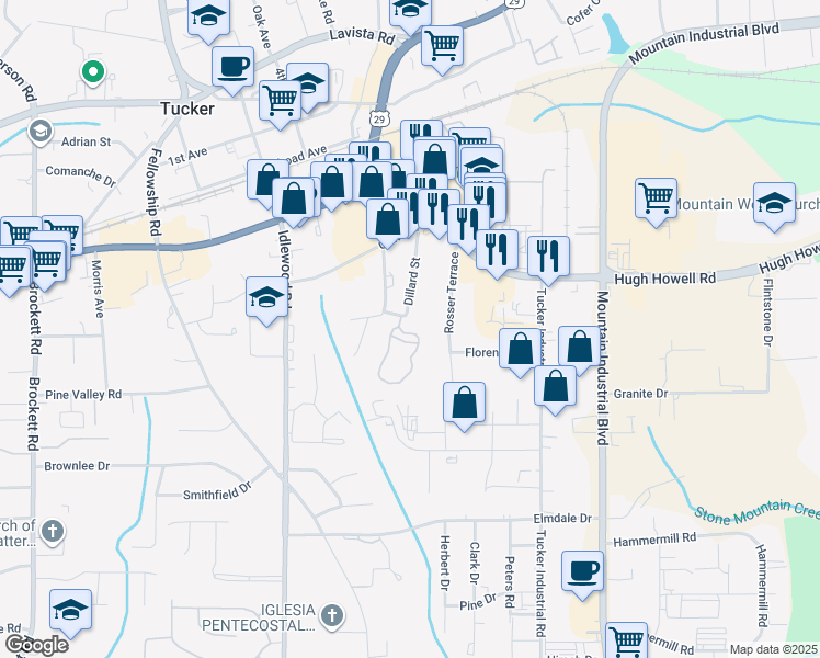 map of restaurants, bars, coffee shops, grocery stores, and more near 2283 Dillard Crossing in Tucker