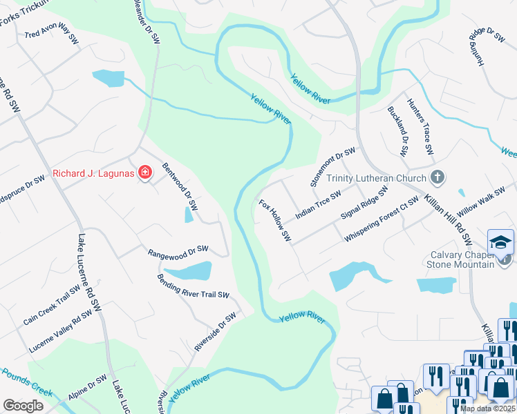 map of restaurants, bars, coffee shops, grocery stores, and more near 1697 Fox Hollow Southwest in Lilburn