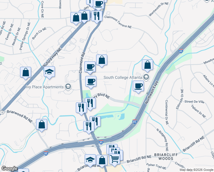 map of restaurants, bars, coffee shops, grocery stores, and more near 1740 Century Circle Northeast in Atlanta