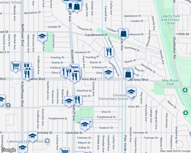 map of restaurants, bars, coffee shops, grocery stores, and more near 6107 Del Amo Boulevard in Lakewood