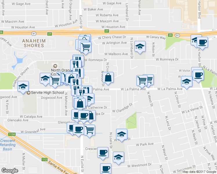 map of restaurants, bars, coffee shops, grocery stores, and more near 1409 West La Palma Avenue in Anaheim