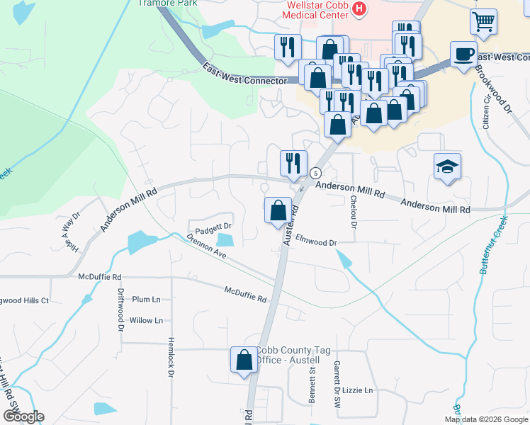 map of restaurants, bars, coffee shops, grocery stores, and more near 4358 Kousa Road in Austell