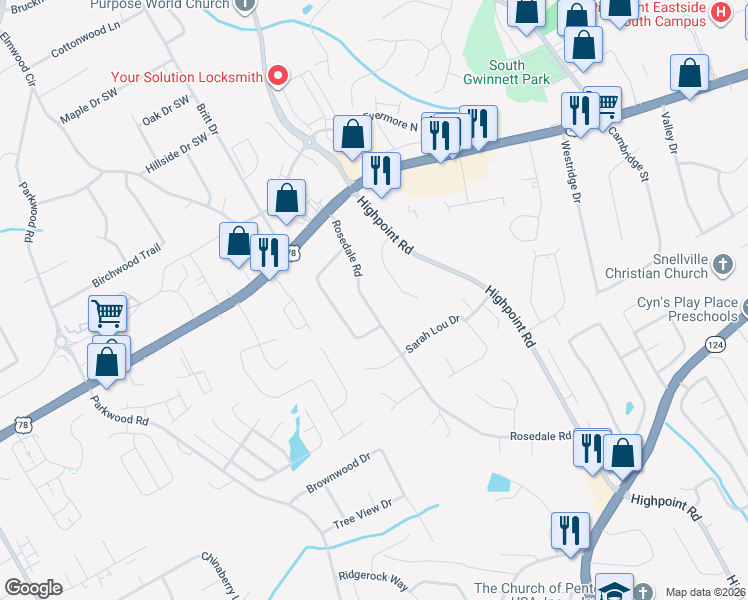 map of restaurants, bars, coffee shops, grocery stores, and more near 2264 Rosedale Road in Snellville