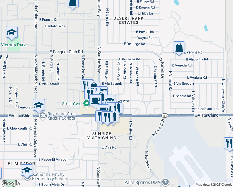 map of restaurants, bars, coffee shops, grocery stores, and more near 2003 North Sandra Road in Palm Springs
