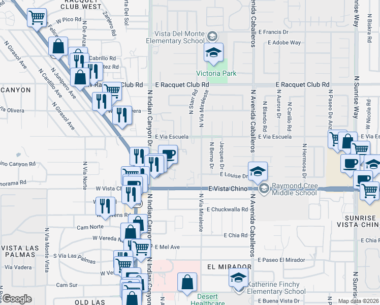 map of restaurants, bars, coffee shops, grocery stores, and more near 1995 North Vía Miraleste in Palm Springs