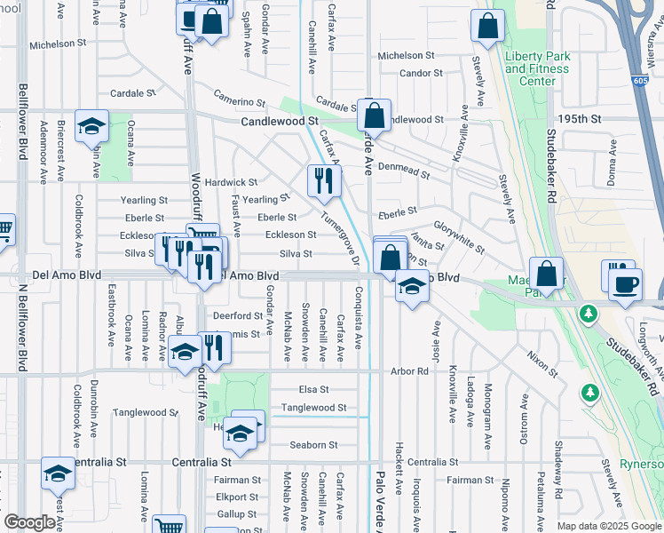 map of restaurants, bars, coffee shops, grocery stores, and more near 6247 Del Amo Boulevard in Lakewood