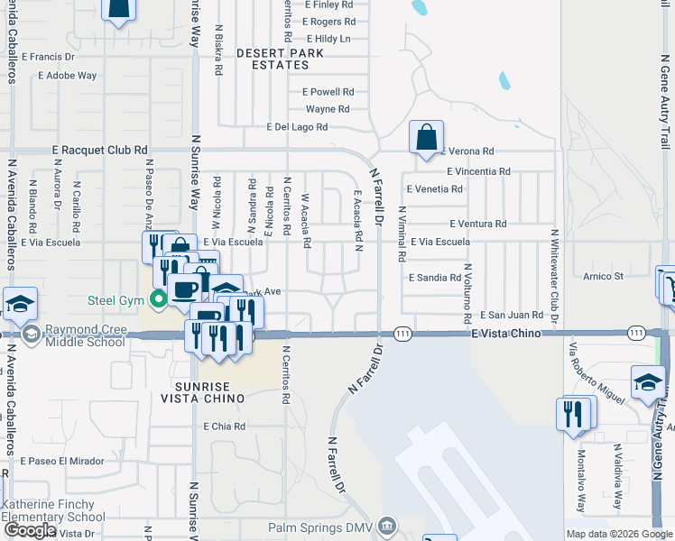 map of restaurants, bars, coffee shops, grocery stores, and more near 2025 North Victoria Road in Palm Springs