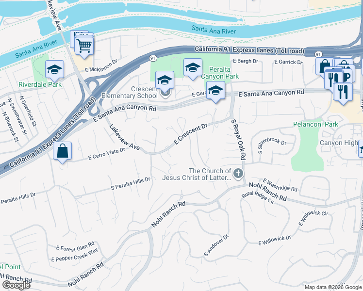 map of restaurants, bars, coffee shops, grocery stores, and more near 5400 East Crescent Drive in Anaheim