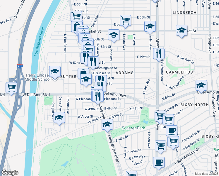 map of restaurants, bars, coffee shops, grocery stores, and more near 225 East Del Amo Boulevard in Long Beach