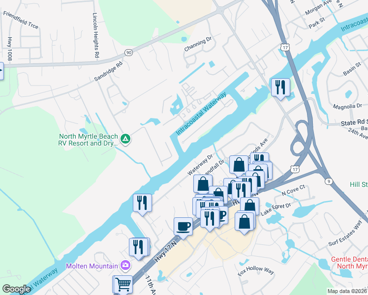 map of restaurants, bars, coffee shops, grocery stores, and more near 4808 Williams Island Drive in Little River