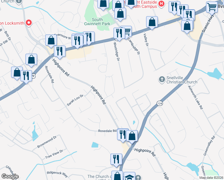 map of restaurants, bars, coffee shops, grocery stores, and more near 2891 Spruce Circle in Snellville
