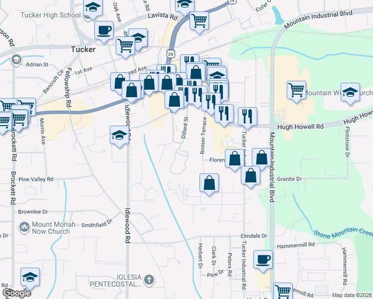 map of restaurants, bars, coffee shops, grocery stores, and more near 2283 Dillard Crossing in Tucker