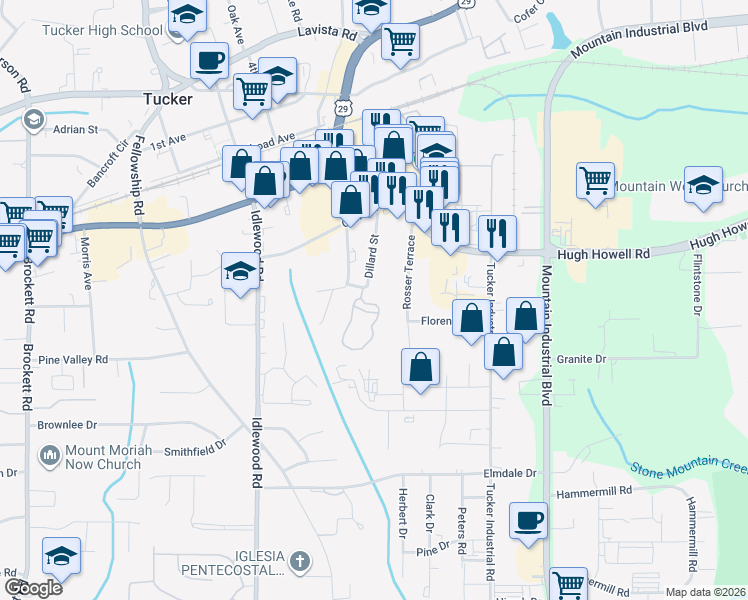map of restaurants, bars, coffee shops, grocery stores, and more near 2283 Dillard Crossing in Tucker