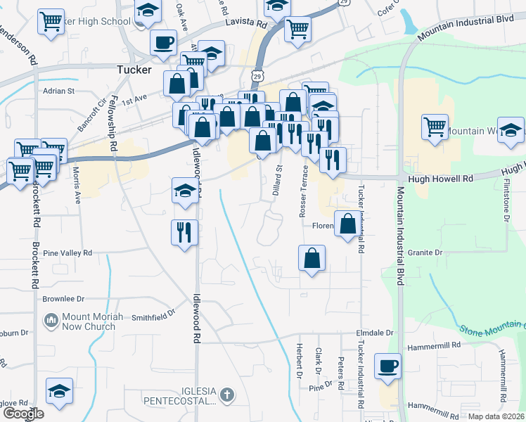 map of restaurants, bars, coffee shops, grocery stores, and more near 2107 Dillard Crossing in Tucker