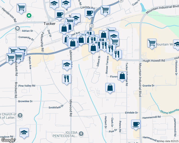 map of restaurants, bars, coffee shops, grocery stores, and more near in Tucker