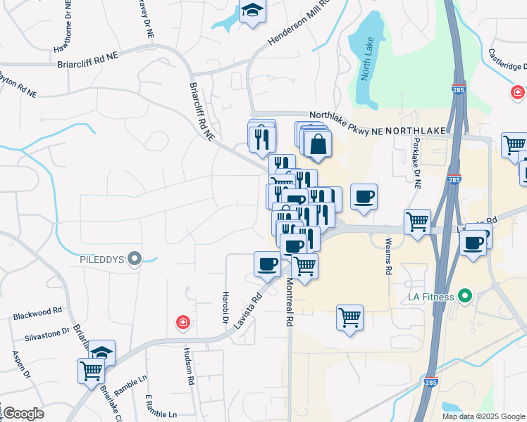 map of restaurants, bars, coffee shops, grocery stores, and more near 2151 Zelda Drive Northeast in Atlanta