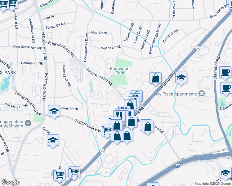 map of restaurants, bars, coffee shops, grocery stores, and more near 1420 Briarhaven Trail in Atlanta